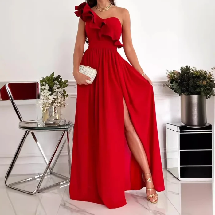 Women's Ruffled One-Shoulder Spaghetti Strap Side Slit Dress