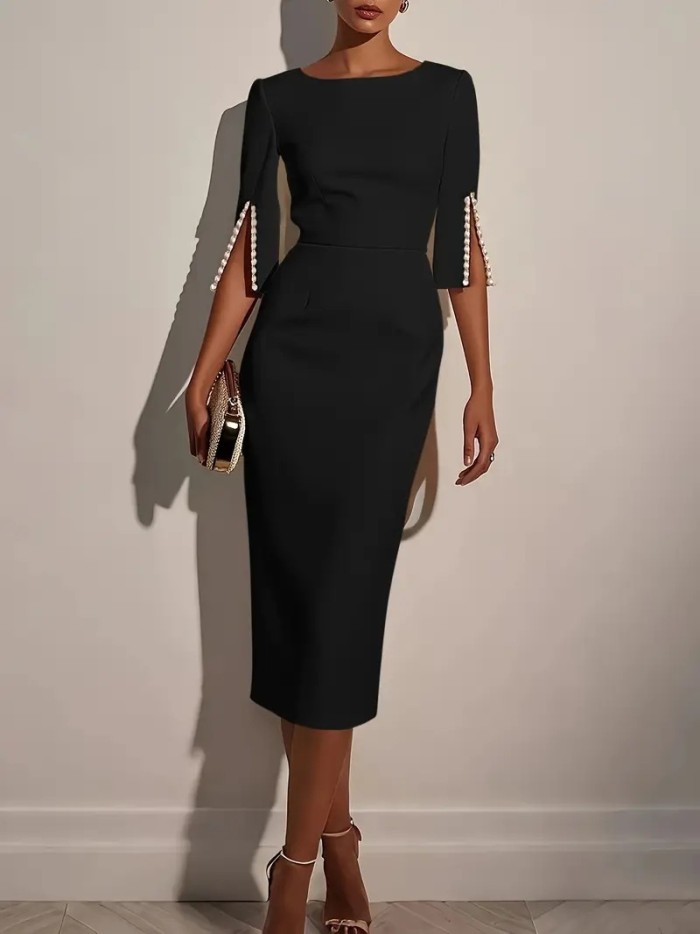 Elegant Women Midi Dress O Neck Half Sleeve Bead Design Party Bodycon Dress Women Fashion Summer Office Dresses Pink White Black
