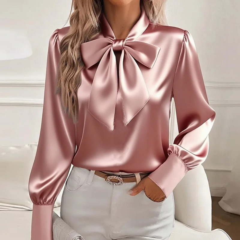Fashion Long Sleeve Silk Shirt Women Fashion Spring Autumn New Satin Blouse Women Bow Office Tops Pullover