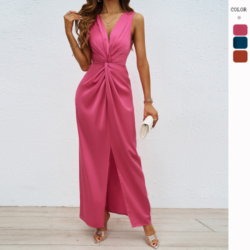 Fashion Women's Wear Elegant Twisted Sleeveless V-neck Split Slim Fit Temperament Commuting Style Sexy Dress