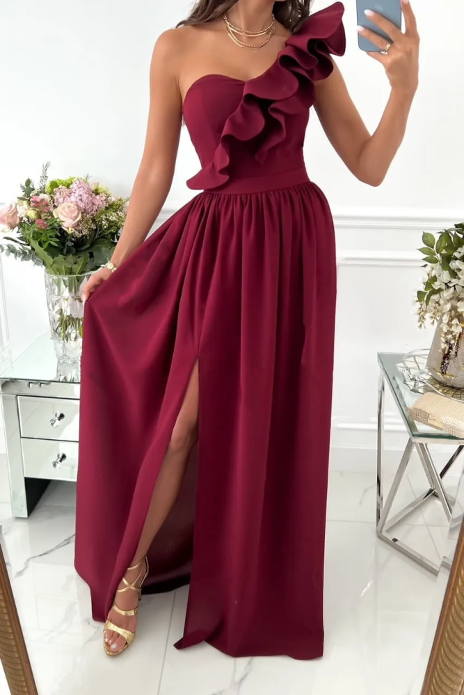 Women's Ruffled One-Shoulder Spaghetti Strap Side Slit Dress