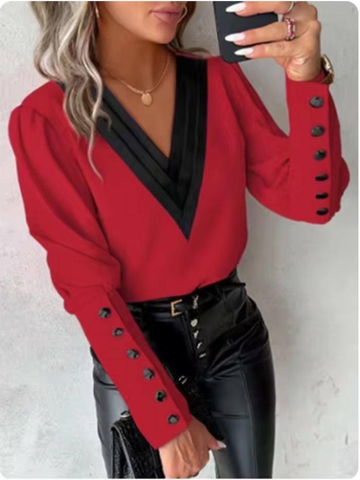 Women's V-Neck Long Sleeve Shirt Color Block Button Up Blouse Elegant Autumn Spring Top