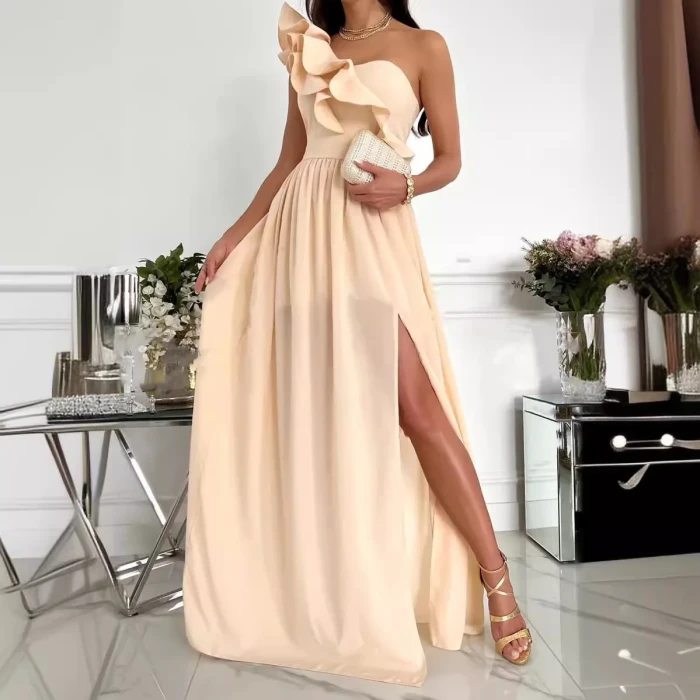 Women's Ruffled One-Shoulder Spaghetti Strap Side Slit Dress