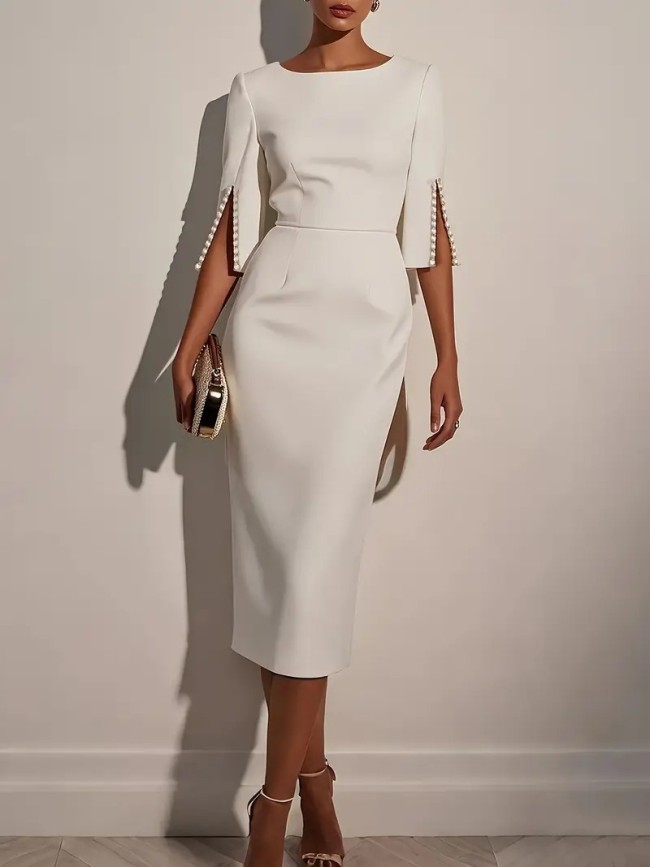 Elegant Women Midi Dress O Neck Half Sleeve Bead Design Party Bodycon Dress Women Fashion Summer Office Dresses Pink White Black