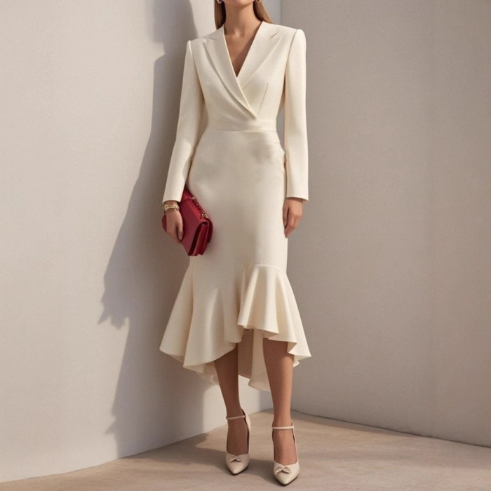 Elegant Tailored Waist Cinched Fish Tail Dress Women's Mid-Length Polyester Long Sleeve Pure Color Commute Fashion Dress