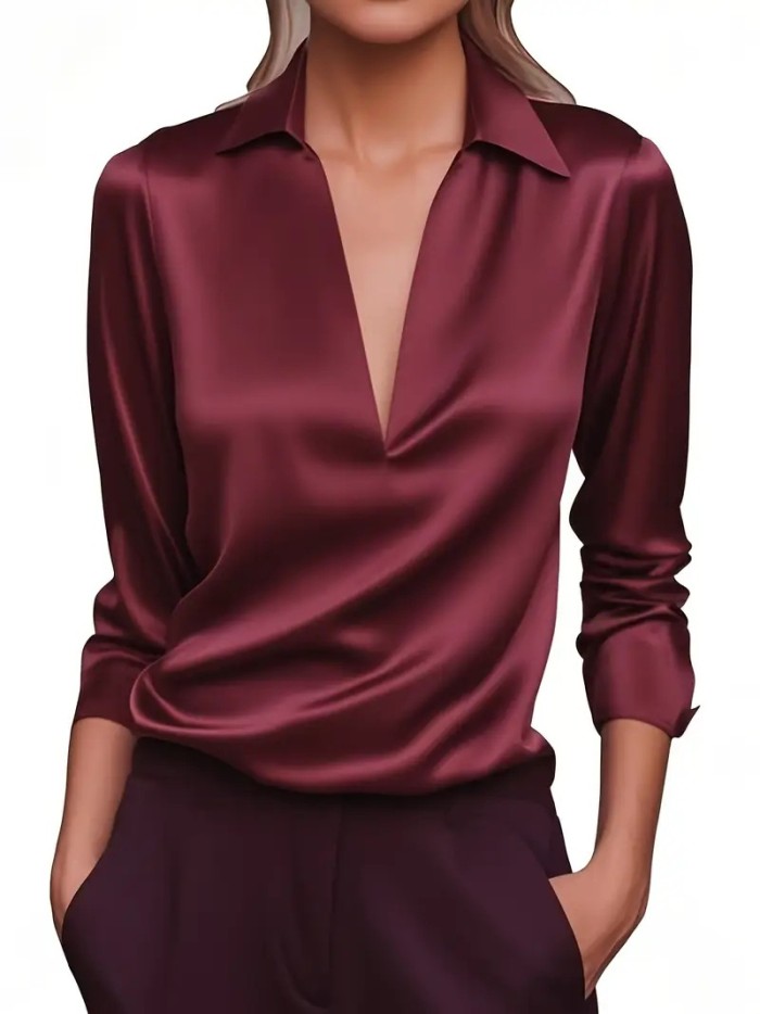 New Autumn Temperament Long Sleeve Simple V Neck Women Shirt Elegant Office Wear Blouse Fashion Top Casual Business Style
