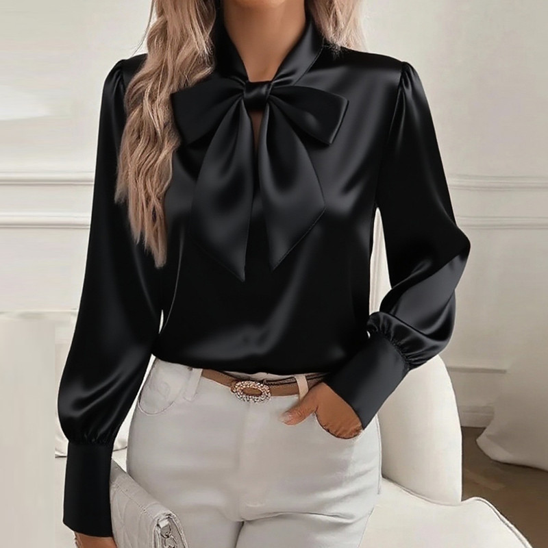 Fashion Long Sleeve Silk Shirt Women Fashion Spring Autumn New Satin Blouse Women Bow Office Tops Pullover