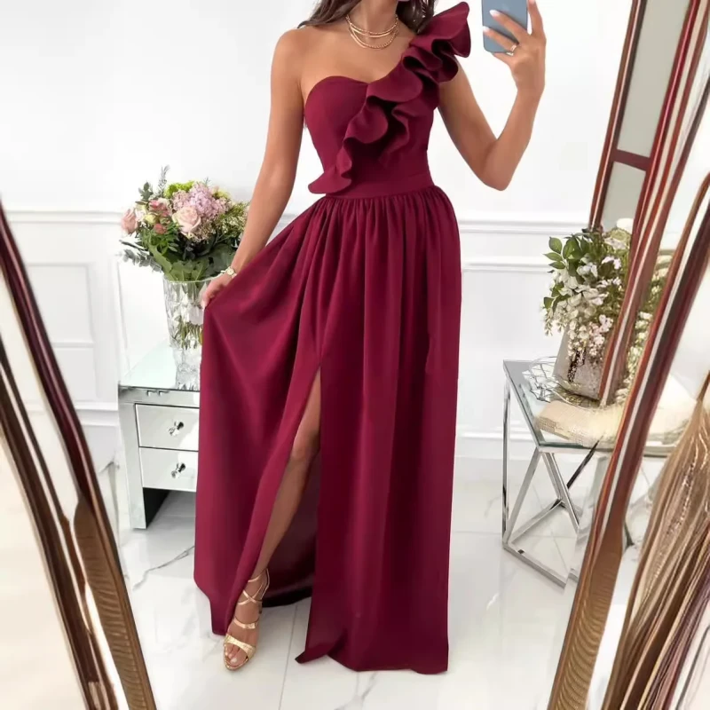Women's Ruffled One-Shoulder Spaghetti Strap Side Slit Dress