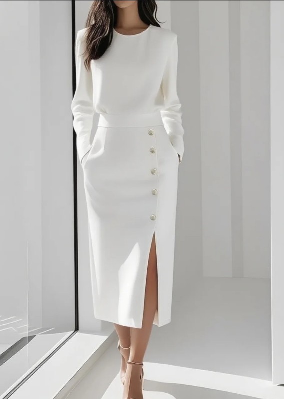 Fashion O Neck Split Women Dress Autumn Winter Slim Button Casual LongSleeve High Waisted Bodycon Party Dresses Elegant