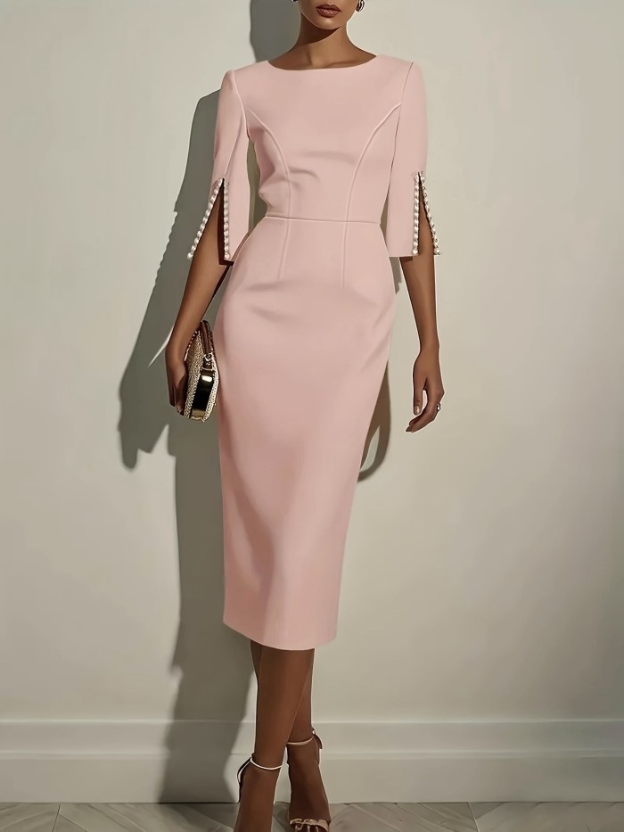 Elegant Women Midi Dress O Neck Half Sleeve Bead Design Party Bodycon Dress Women Fashion Summer Office Dresses Pink White Black