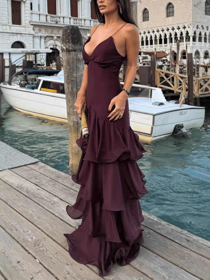 Elegant Deep V-neck Ruffle Suspenders Dress Women Sexy Sleeveless Backless Long Dress Fashion Hight Waist Solid Evening Dresses