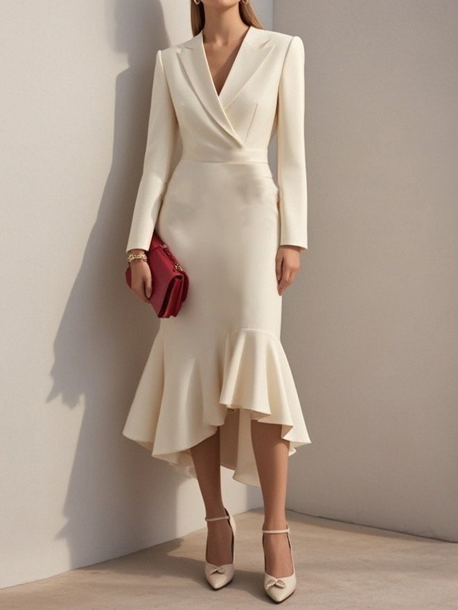Elegant Tailored Waist Cinched Fish Tail Dress Women's Mid-Length Polyester Long Sleeve Pure Color Commute Fashion Dress