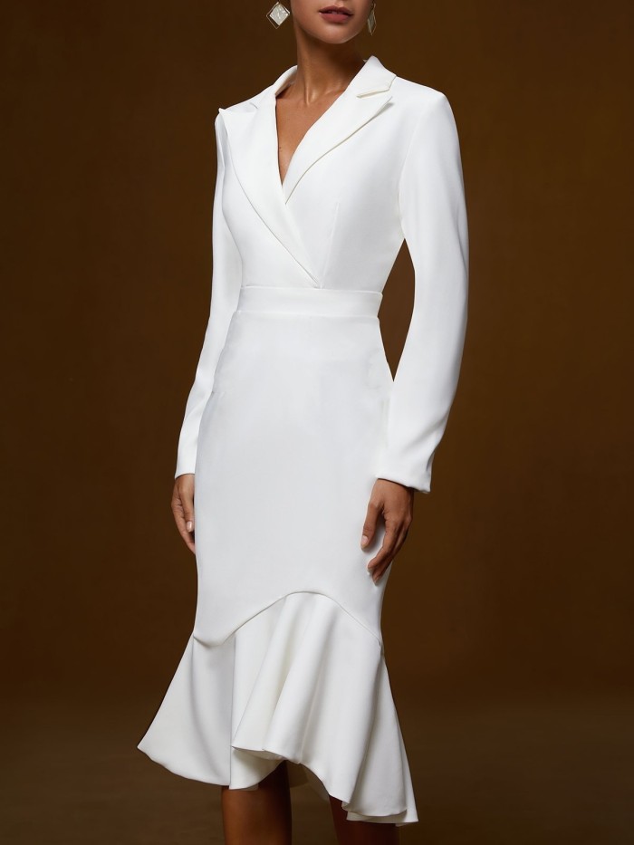 Elegant Tailored Waist Cinched Fish Tail Dress Women's Mid-Length Polyester Long Sleeve Pure Color Commute Fashion Dress