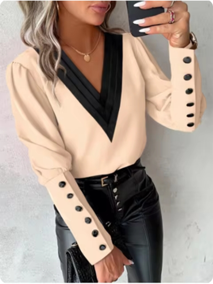 Women's V-Neck Long Sleeve Shirt Color Block Button Up Blouse Elegant Autumn Spring Top
