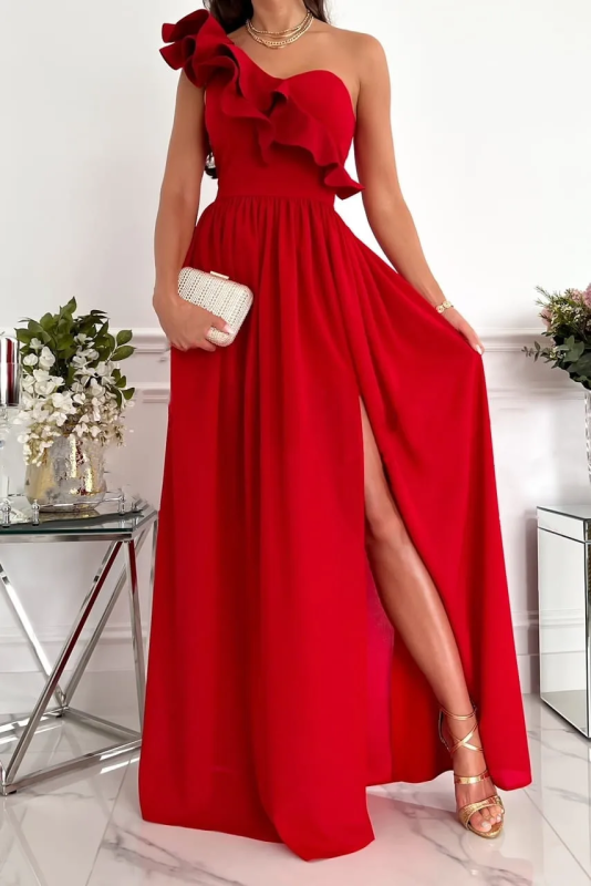 Women's Ruffled One-Shoulder Spaghetti Strap Side Slit Dress