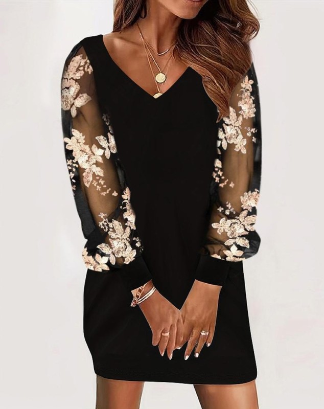 Women's Dress V-neck Long Sleeved Printed Lace Panel Design Office Lady Commuter Dresses For Women