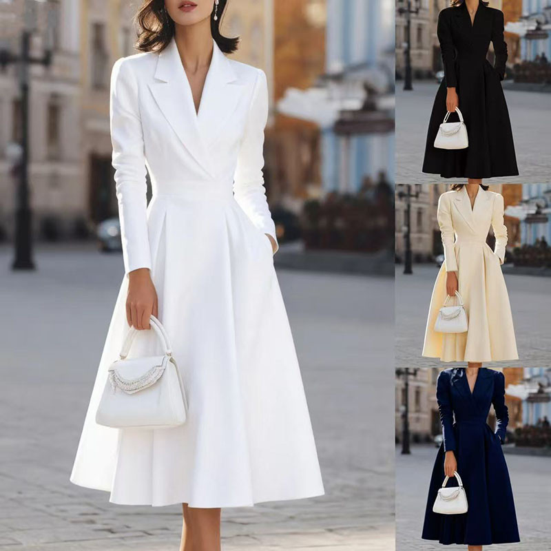 New Elegant Solid Color Office Dress Autumn Long Sleeved Slim Fit Party Dress Fashion Women's Turn-Down Collar Pocket Maxi Dress
