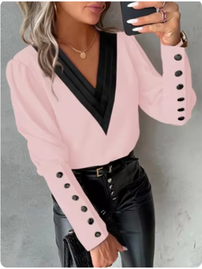 Women's V-Neck Long Sleeve Shirt Color Block Button Up Blouse Elegant Autumn Spring Top
