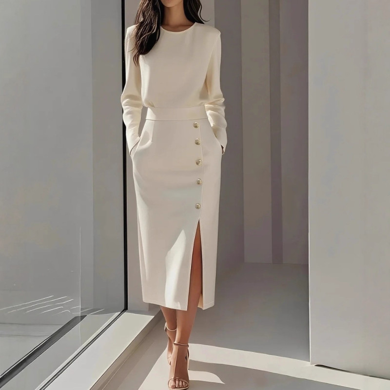 Fashion O Neck Split Women Dress Autumn Winter Slim Button Casual LongSleeve High Waisted Bodycon Party Dresses Elegant