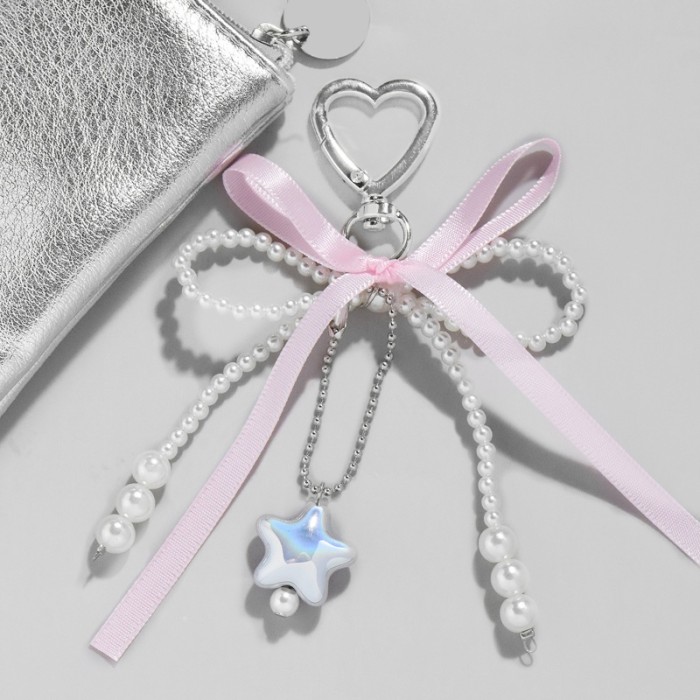 Pearl Bow Backpack Key Ring Pendant Bag Y2K Delicate Beaded Bag Charm Chain Bag Strap for Crossbody Cute Accessory for Women