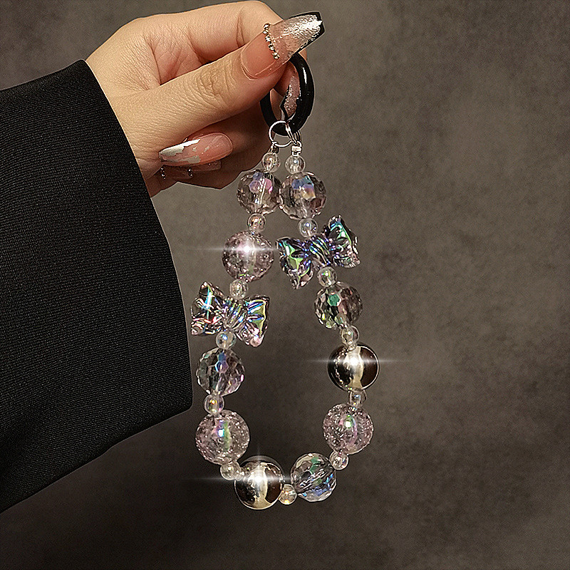 Pearl Crystal Bow Irregular Bead Key Chains for Women French Simple Shiny Handbag Mobile Phone Pendant Handheld Accessory Gift