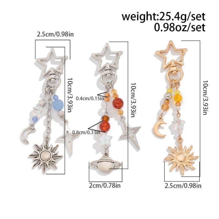 3Pcs/set Punk Stars Moon Sun Pendant Bag Keychain for Women Men Boho Colorful Beads Key Ring Bag Chain Y2K Jewelry Gift New