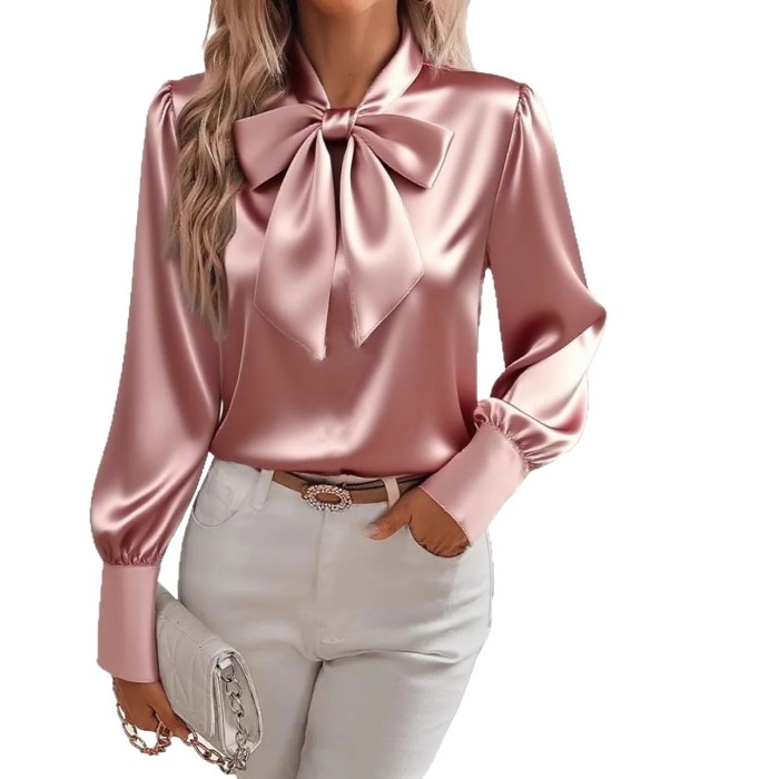 Fashion Long Sleeve Silk Shirt Women Fashion Spring Autumn New Satin Blouse Women Bow Office Tops Pullover