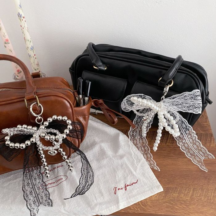 2025 Imitation Pearls Lace Bowknot Keychain Sweet Beaded Pendant Keyring for Women Handbag Backpack Key Chain Exquisite Ornament
