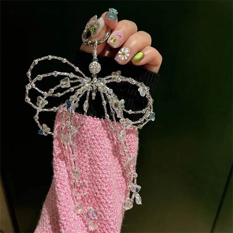 Y2K Glitter Bling Bow Crystal Beaded Keychain Phone Charm Strap Pendant Iphone Airpods Bag Accessories Women Girl Hanging Cord