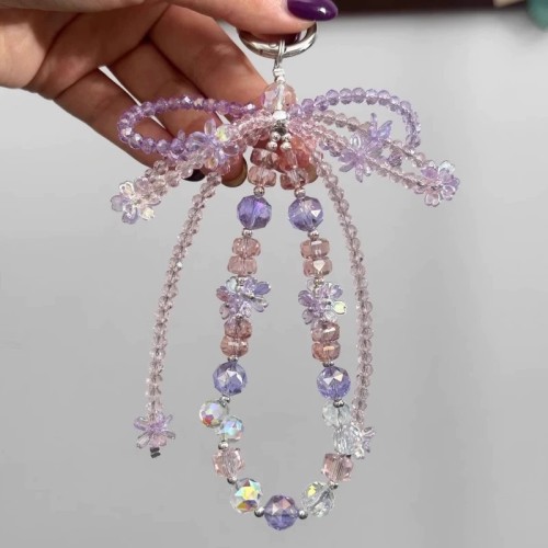 Korean Crystal Bow Irregular Bead Key Chains for Women Purple Tassel Simple Shiny Metal Buckle Bag Mobile Pendant Accessories