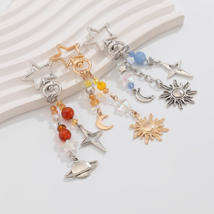 3Pcs/set Punk Stars Moon Sun Pendant Bag Keychain for Women Men Boho Colorful Beads Key Ring Bag Chain Y2K Jewelry Gift New