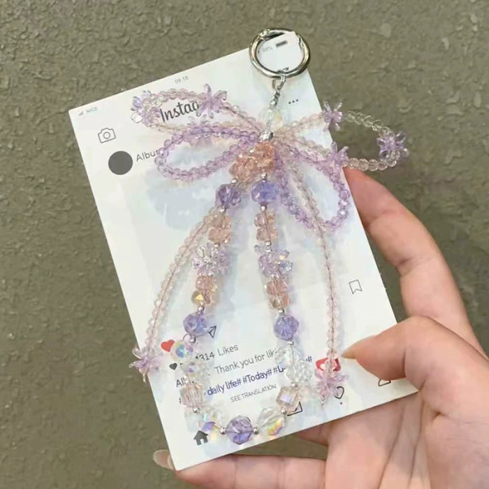 Korean Crystal Bow Irregular Bead Key Chains for Women Purple Tassel Simple Shiny Metal Buckle Bag Mobile Pendant Accessories