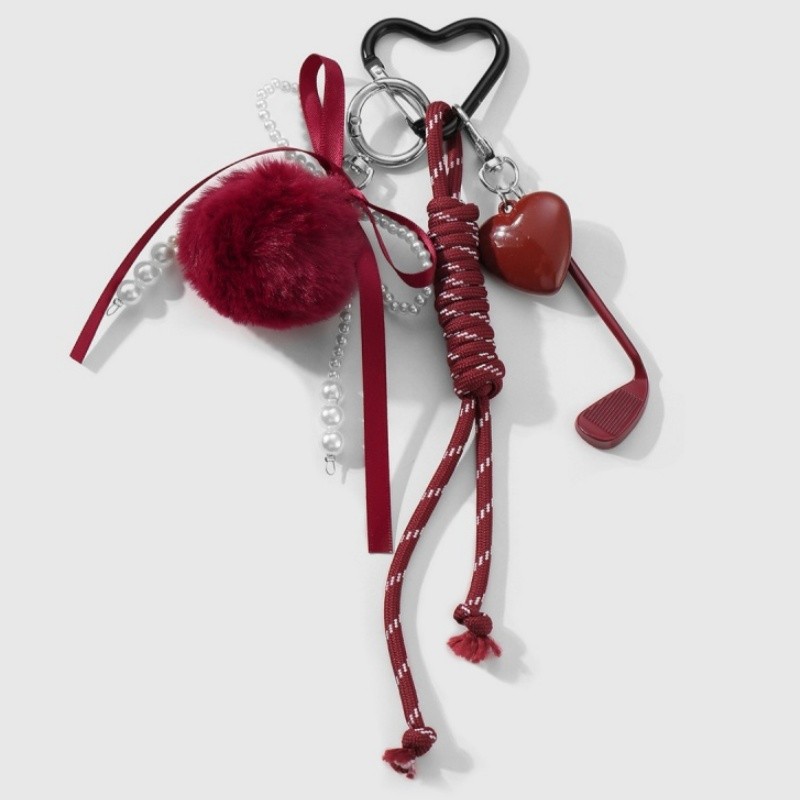 Y2K Imitation Pearl Hairball Keychain Heart Bag Bow Pendant Keyring Braided Straps Bag Decoration Anti-Lost Mobile Phone Lanyard