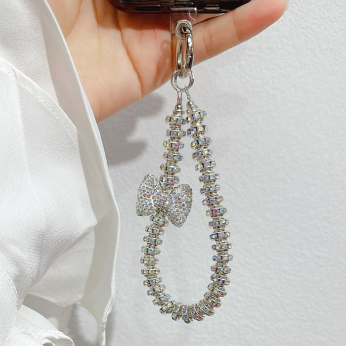 Crystal Handmade Beaded Keychain Phone Lanyard Chain Wrist Short Hanging Rope Rhinestone Bow Bag Pendant Keychain Women Fashion