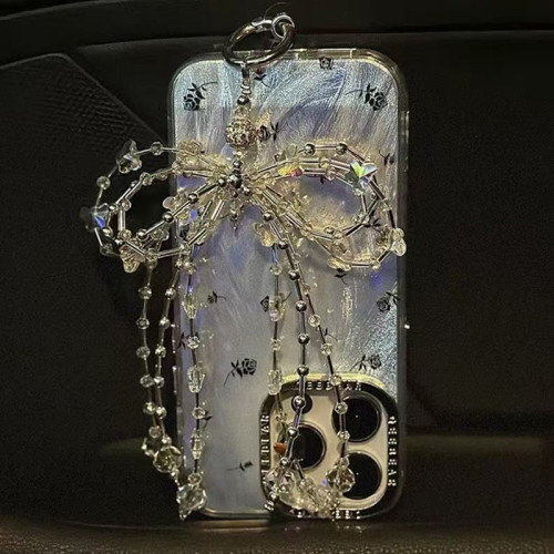 Y2K Glitter Bling Bow Crystal Beaded Keychain Phone Charm Strap Pendant Iphone Airpods Bag Accessories Women Girl Hanging Cord