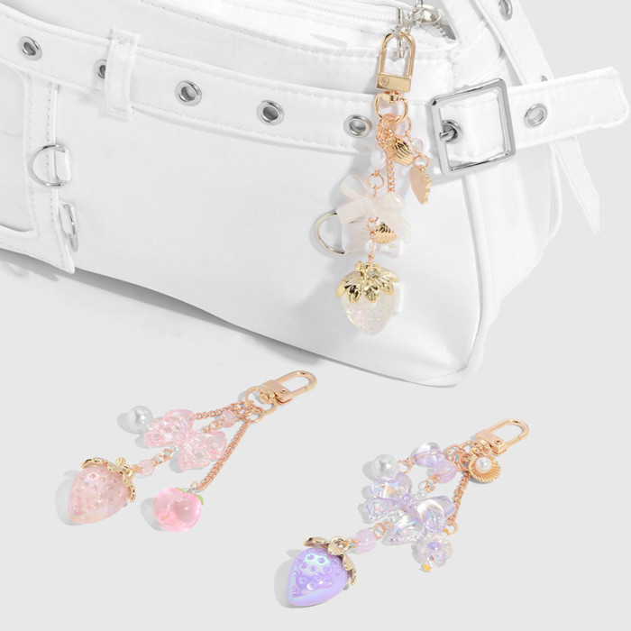 Y2K Bowknot Strawberry Keychain for Women Exquisite Sweet Flower Peach Bag Pendant Cute Romantic Accessorymobile Phone Chain