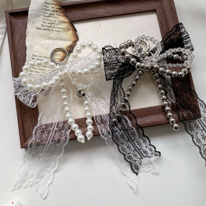 2025 Imitation Pearls Lace Bowknot Keychain Sweet Beaded Pendant Keyring for Women Handbag Backpack Key Chain Exquisite Ornament