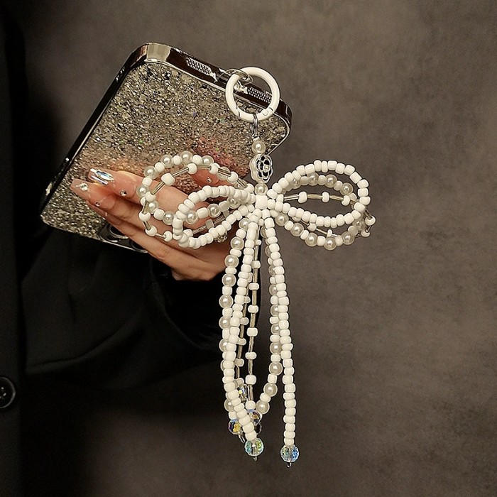 Pearl Crystal Bow Irregular Bead Key Chains for Women French Simple Shiny Handbag Mobile Phone Pendant Handheld Accessory Gift