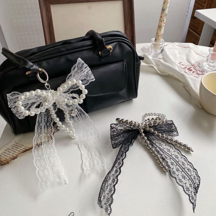 2025 Imitation Pearls Lace Bowknot Keychain Sweet Beaded Pendant Keyring for Women Handbag Backpack Key Chain Exquisite Ornament