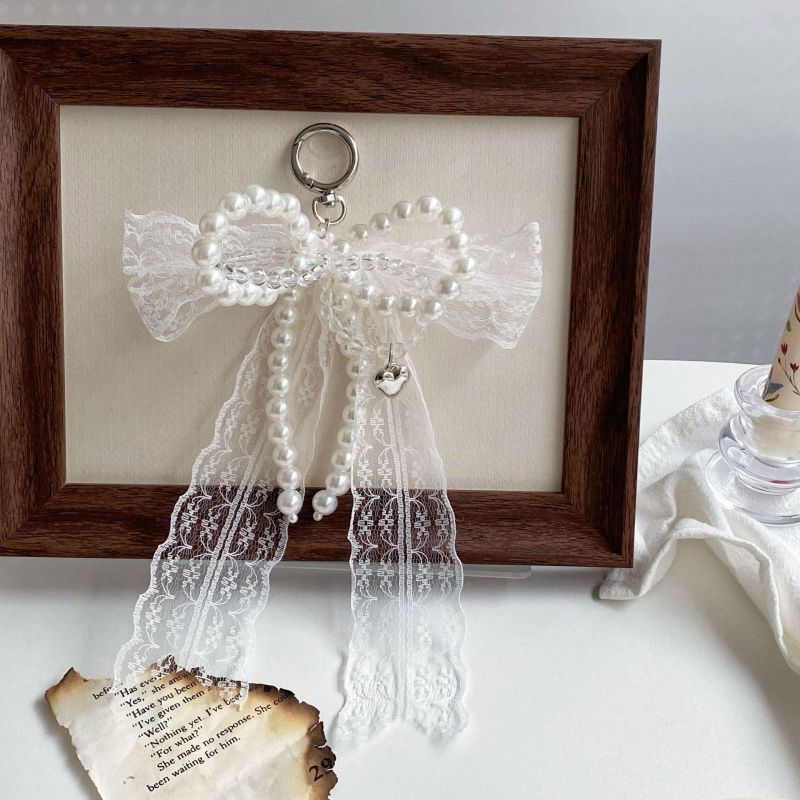2025 Imitation Pearls Lace Bowknot Keychain Sweet Beaded Pendant Keyring for Women Handbag Backpack Key Chain Exquisite Ornament