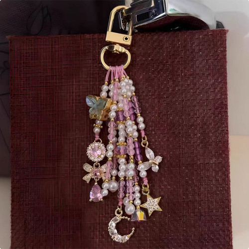 Butterfly Moon Star Zircon Bead Tassel Key Chains for Women Korean Pearl Bow Water Drop Handmade Chain Bag Key Pendant Accessory