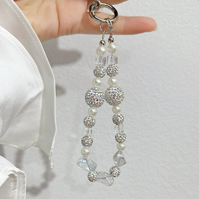 Crystal Handmade Beaded Keychain Phone Lanyard Chain Wrist Short Hanging Rope Rhinestone Bow Bag Pendant Keychain Women Fashion