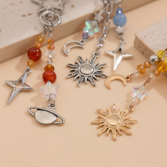 3Pcs/set Punk Stars Moon Sun Pendant Bag Keychain for Women Men Boho Colorful Beads Key Ring Bag Chain Y2K Jewelry Gift New