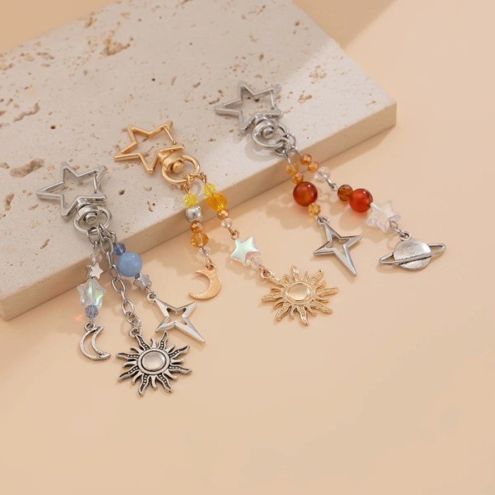 3Pcs/set Punk Stars Moon Sun Pendant Bag Keychain for Women Men Boho Colorful Beads Key Ring Bag Chain Y2K Jewelry Gift New