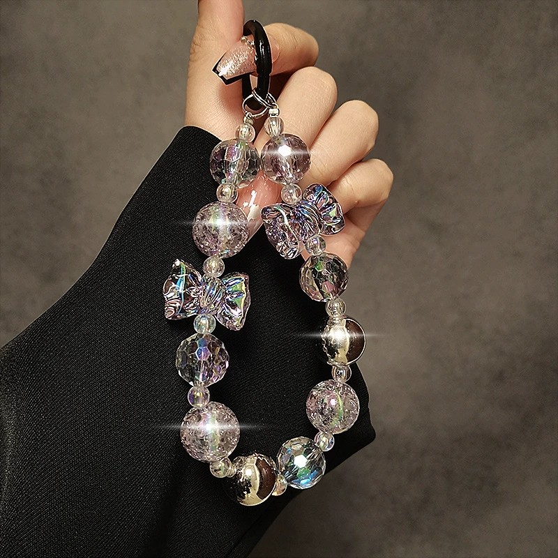 Pearl Crystal Bow Irregular Bead Key Chains for Women French Simple Shiny Handbag Mobile Phone Pendant Handheld Accessory Gift