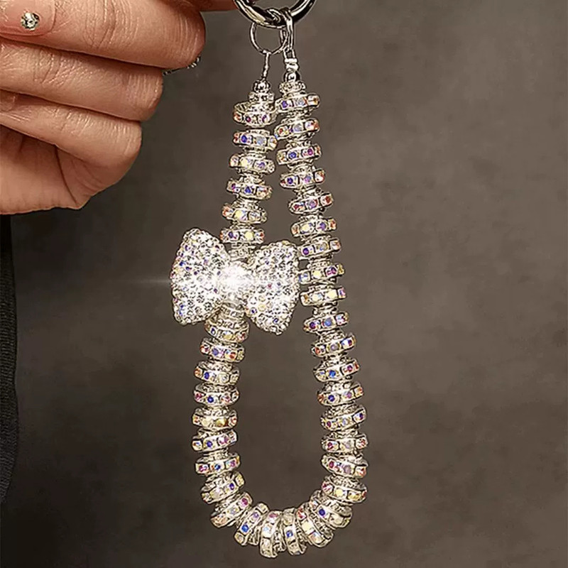 Crystal Handmade Beaded Keychain Phone Lanyard Chain Wrist Short Hanging Rope Rhinestone Bow Bag Pendant Keychain Women Fashion