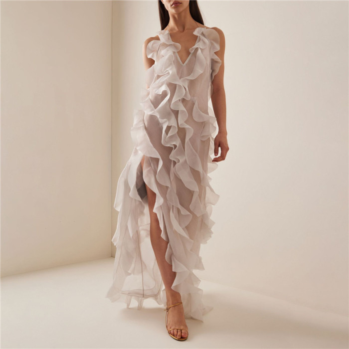 🔥 Ruffle Sling High-Slit Gown | Women's Sexy Deep V Party Dress ✨