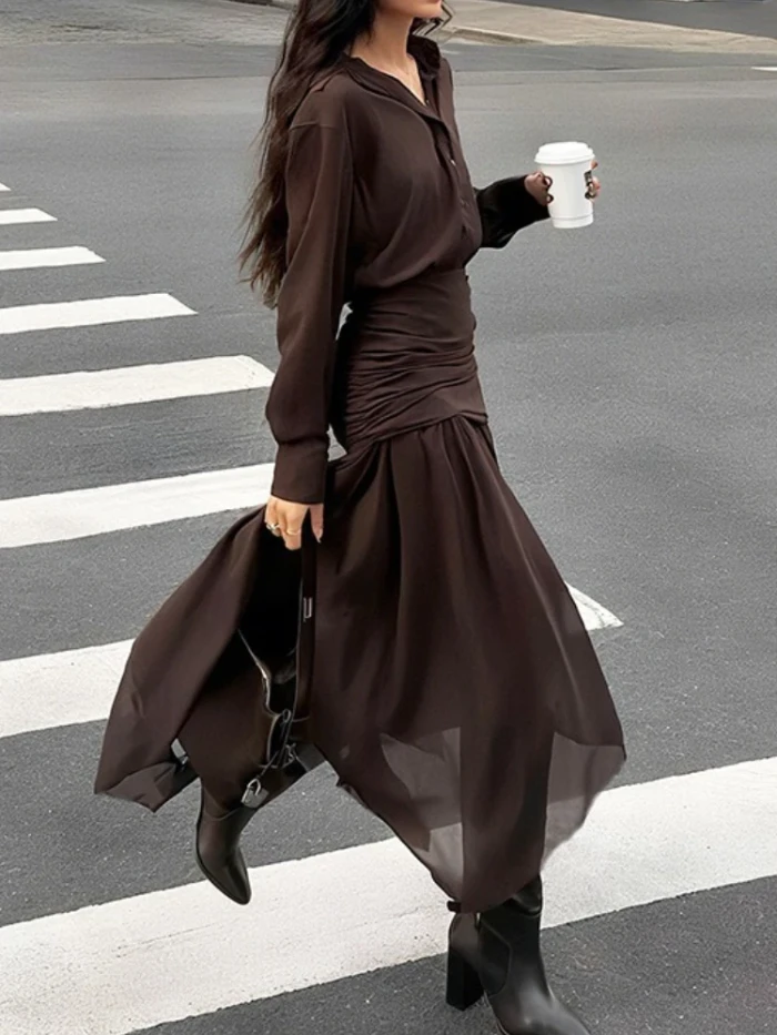 👗 Mesh Pleated Turndown Neck Midi Dress | Women's Slim Solid Streetwear ✨