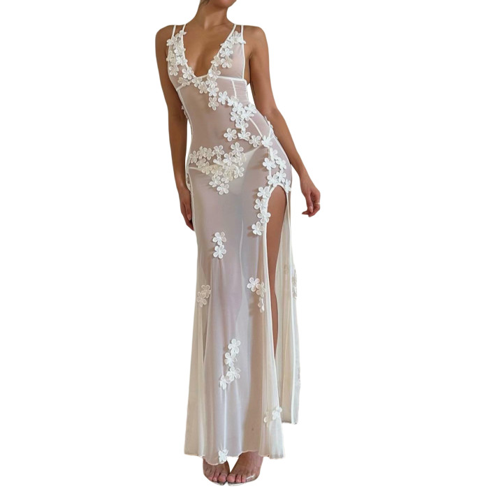 🌸 Sheer Mesh Flower Slit Party Dress | Women's Sexy V-Neck Cocktail Gown ✨