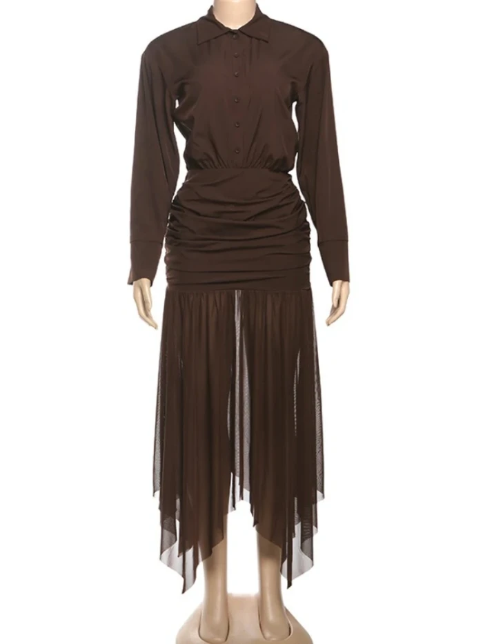 👗 Mesh Pleated Turndown Neck Midi Dress | Women's Slim Solid Streetwear ✨